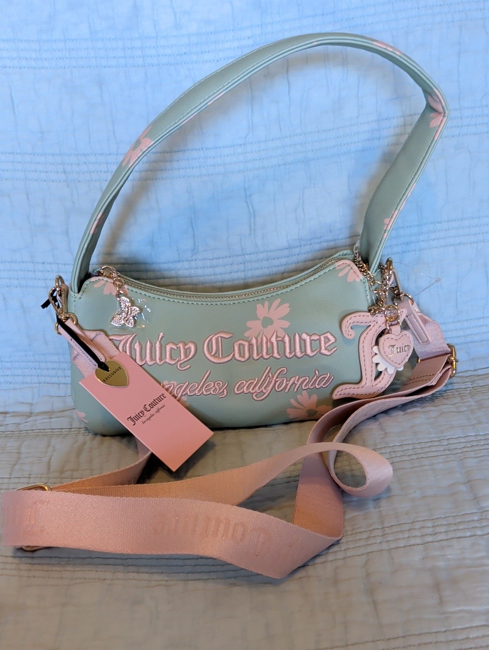 Exclusive Juicy Couture Mint Green and Light Pink Floral Shoulder Bag